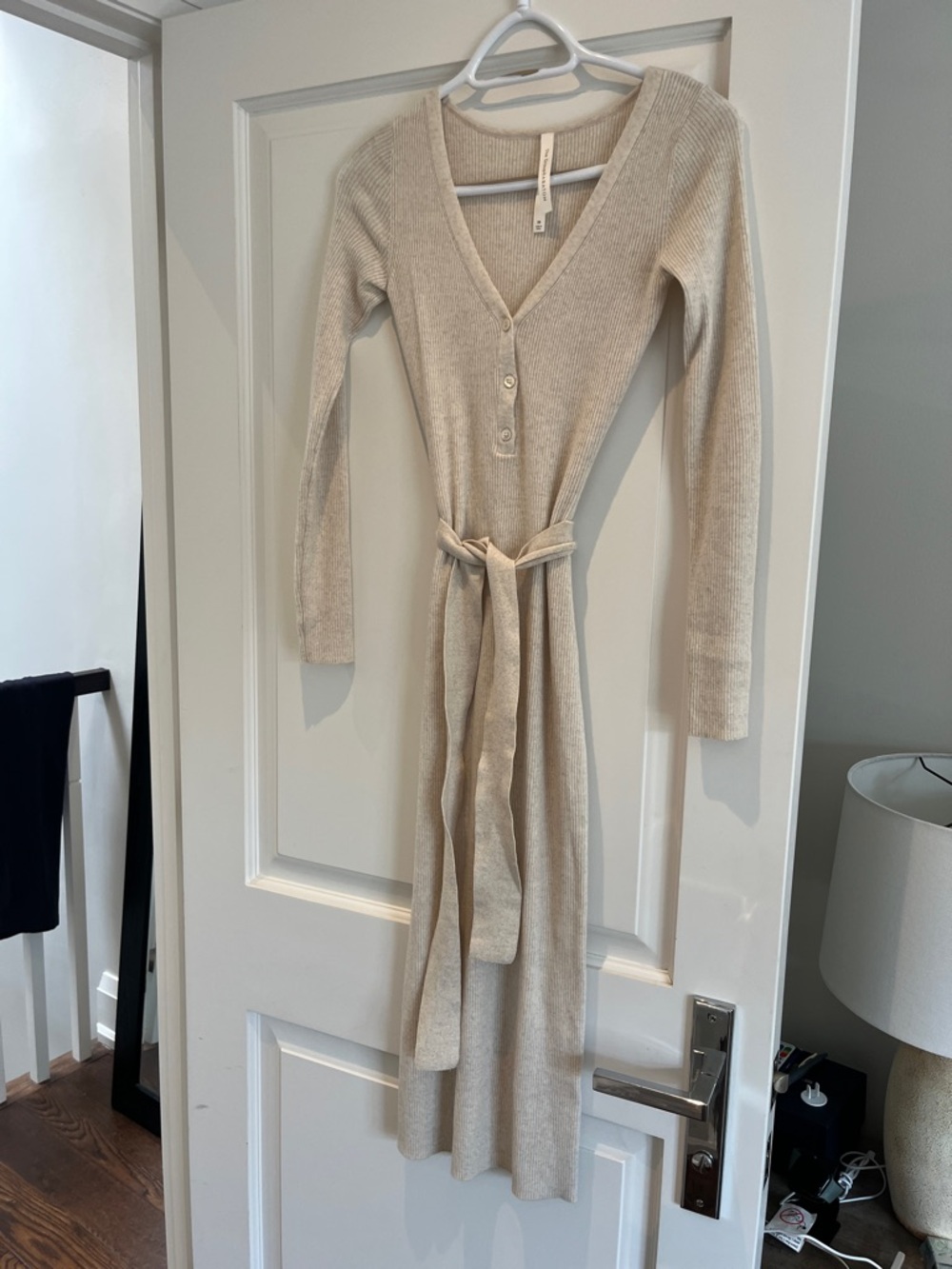 Babaton Cream Rib-Knit Long Sleeve Wrap Midi Dress